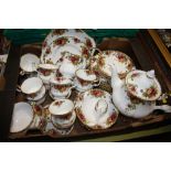 A TRAY OF ROYAL ALBERT OLD COUNTRY ROSES CHINA TO INCLUDE A TEA POT, CAKE STAND ETC.