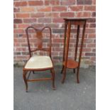 AN EDWARDIAN MAHOGANY INLAID BEDROOM CHAIR AND A JARDINAIRE STAND (2)