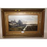 A GILT FRAMED OIL ON CANVAS DEPICTING A RURAL SCENE WITH CHURCH SIGNED A. BENNETT LOWER RIGHT SIZE -