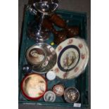 A RETRO STYLE LANTHE WEIGHTED ASH TRAY TOGETHER WITH A PAIR OF OAK CANDLE STICKS, TINS ETC. (PLASTIC