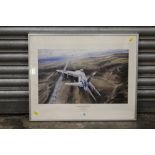 A FRAMED AND GLAZED ROBERT TAYLOR PRINT ENTITLED 'AIR STRIKE OVER WEST FALKLAND', SIGNED LT.