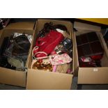 THREE BOXES OF ASSORTED LADIES HANDBAGS ETC.