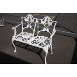 A PAINTED WHITE METAL GARDEN 2 SEATER BENCH