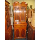 A SLIM YEW WOOD AND INLAID DOUBLE DOMED GLAZED BOOKCASE H-186 CM W-66 CM