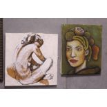 TWO UNFRAMED OIL ON CANVAS, DEPICTING A SEATED FEMALE NUDE AND A PORTRAIT STUDY OF A LADY WITH FRUIT
