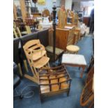 A REPRODUCTION MAHOGANY TABLE, CANTERBURY, WICKER STAND AND A HIGH CHAIR ETC (5)