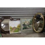 A COLLECTION OF PICTURES, PRINTS AND MIRRORS, TO INCLUDE AN OAK FRAMED OCTAGONAL WALL MIRROR, OIL ON