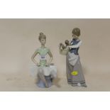 TWO LLADRO FIGURES OF A SEATED BALLERINA AND A GIRL WITH A BASKET OF PUPPIES TALLEST - 25CM