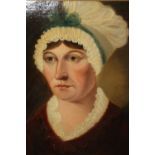 AN ANTIQUE OIL ON BOARD PORTRAIT STUDY OF A LADY IN A BONNET IN A MODERN GILT FRAME - 28 CM BY 34
