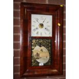 A VINTAGE MAHOGANY CASED WALL CLOCK WITH HAND PAINTED PANEL, A/F, H 66 X W 39 CM