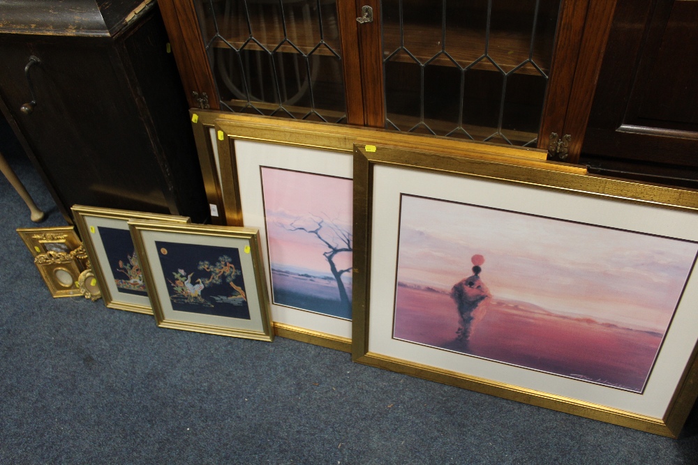 THREE MODERN FRAMED AND GLAZED TONY HARRISON PRINTS TOGETHER WITH TWO ORIENTAL STYLE PAINTINGS ON