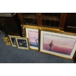 THREE MODERN FRAMED AND GLAZED TONY HARRISON PRINTS TOGETHER WITH TWO ORIENTAL STYLE PAINTINGS ON