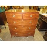 A 19TH CENTURY BOW FRONTED CHEST OF TWO SHORT ABOVE THREE LONGER GRADUATED DRAWERS H-98 W-92 CM