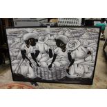 A LARGE MODERN FRAMED OIL ON CANVAS DEPICTING SILHOUETTES IN A MARKET SIGNED ELISE, OVERALL SIZE 149