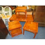 A YEW WOOD RECTANGULAR COFFEE TABLE W-122 CM WITH THREE OCCASIONAL TABLES (4)