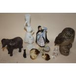 A COLLECTION OF MOSTLY CERAMIC FIGURES TO INCLUDE A LARGE POOLE OWL FIGURE, PORTUGUESE LADY FIGURES,