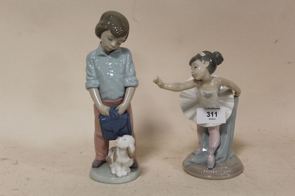 A NAO FIGURE OF A YOUNG BALLERINA, TOGETHER WITH A NAO FIGURE OF A BOY HOLDING A BAG WITH A DOG (2)