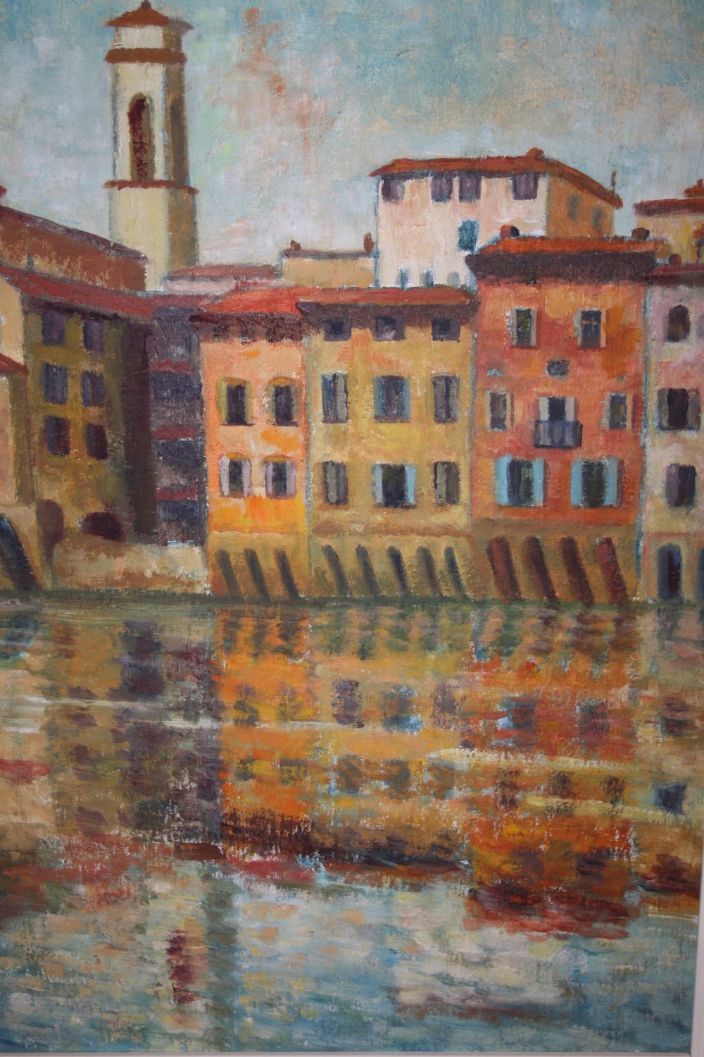 A FRAMED OIL ON BOARD ENTITLED REFLECTIONS IN THE ARNO - BY LILY ARROWSMITH - 58.5 CM BY 43.5CM,