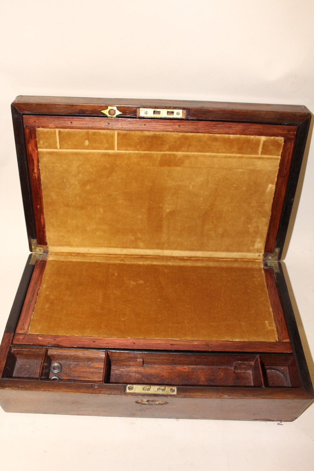 AN ANTIQUE ROSEWOOD WRITING SLOPE WITH MOTHER OF PEARL CARTOUCHE, TOGETHER WITH A SMALL WOODEN STOOL - Image 2 of 2