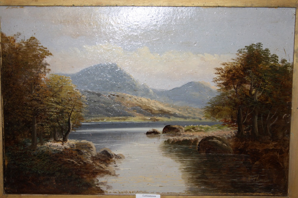 A GILT FRAMED OIL ON BOARD DEPICTING A HIGHLAND RIVER LANDSCAPE INDISTINCTLY SIGNED LOWER RIGHT SIZE