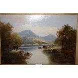 A GILT FRAMED OIL ON BOARD DEPICTING A HIGHLAND RIVER LANDSCAPE INDISTINCTLY SIGNED LOWER RIGHT SIZE