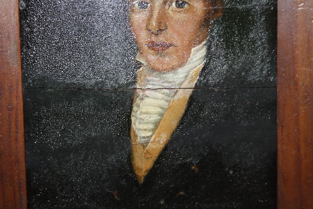 A SMALL PINE FRAMED OIL ON BOARD PORTRAIT STUDY OF A GENTLEMAN IN CLASSICAL DRESS A/F-BOARD SPLIT TO - Image 2 of 3