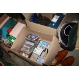 THREE BOXES OF ASSORTED SUNDRIES TO INCLUDE LP RECORDS, LEATHER SHOES, CDS ETC.