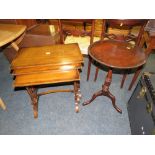 A REPRODUCTION MAHOGANY QUARTTETO OF TABLES W-61 CM (LARGEST)AND A PEDESTAL WINE TABLE (2)