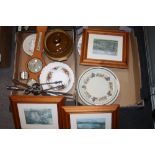 TWO BOXES OF ASSORTED SUNDRIES TO INCLUDE PRINTS, OLD COUNTRY ROSES BOWLS, MODERN WALL BAROMETER