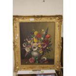 A GILT FRAMED OIL ON CANVAS STILL LIFE OF FLOWERS, SIGNED JAMES NORTH, 65 X 54 CM