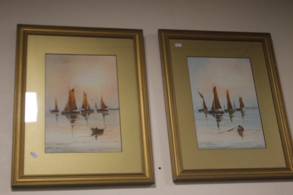 A PAIR OF FRAMED AND GLAZED WATERCOLOURS OF SAILING BOATS SIGNED W. DAVIS, 57 X 45 CM