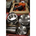 A TRAY OF LE CREUSET SAUCEPANS TOGETHER WITH A TRAY OF STAINLESS STEEL SAUCEPANS