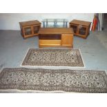 THREE MODERN LOW SIDEBOARD MEDIA UNITS, TWO RUGS AND A GLASS TV STAND