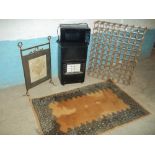 FIVE ITEMS - A BRASS FIRE SCREEN, A CALOR GAS FIRE, A MICROWAVE, A WINE RACK AND A RUG (5)