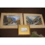 A PAIR OF FRAMED PRINTS DEPICTING MOUNTAIN SCENES ONE A/F 66 50 CM TOGETHER WITH A GILT FRAMED