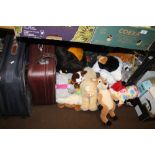 THREE BAGS OF SOFT TOYS TO INCLUDE TY EXAMPLES TOGETHER WITH A LARGE ANTLER SUITCASE AND ANOTHER