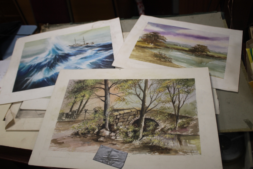 A FOLDER OF DRAWINGS TO INCLUDE PENCIL DRAWINGS WATERCOLOURS ETC