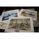 A FOLDER OF DRAWINGS TO INCLUDE PENCIL DRAWINGS WATERCOLOURS ETC