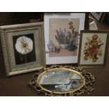 THREE FRAMED AND GLAZED BOTANICAL STYLE PRINTS TOGETHER WITH A DECORATIVE MIRROR, APPROX. 85 X 56