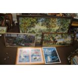 FOUR FRAMED TAPESTRIES AND A WOOLWORK PICTURE, THE LARGEST 141 X 86 CM (5)