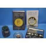 A SMALL COLLECTION OF COINS, AND TWO COIN COLLECTOR'S BOOKS