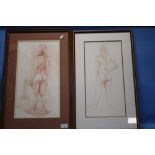 A NEAR PAIR OF FRAMED AND GLAZED PENCIL DRAWINGS OF NUDES BY "G A MILLER" 62 X 41 CM AND 62 X 37 CM