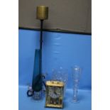 A HEAVY CUT GLASS VASE, A TALL TWISTED STEM VASE AND A TALL BLUE GLASS VASE together with A KOMA