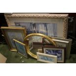 A QUANTITY OF PICTURES AND PRINTS TOGETHER WITH A GILT OVAL MIRROR, 55 X 45 CM