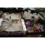 FOUR TRAYS OF GLASSWARE TO INCLUDE CUT GLASS, COLOURED GLASS ETC. (TRAYS NOT INCLUDED)