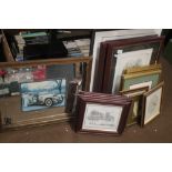 A QUANTITY OF PICTURES AND PRINTS TOGETHER WITH A ROLLS ROYCE ADVERTISING MIRROR, (LOOSE FRAME)