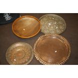 FOUR CHARGERS TO INCLUDE A WOODEN "LAZY SUSAN", COPPER AND BRASS