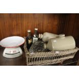 A SET OF SALTER SCALES, A JELLY MOULD, TWO STONEWARE BOTTLES ETC.