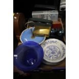 A TRAY OF SUNDRIES AND CERAMICS TO INCLUDE A CASED SET OF BOULES