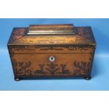 AN INLAID CASKET SHAPED CADDY, NO INNERS